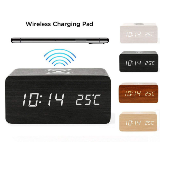 Custom Logo Phone Wireless Charger Wooden Digital LED Alarm Clock  Display Table Clock